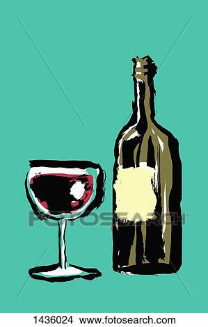 Stock Illustration - Illustration of red wineglass and bottle against green background. Fotosearch