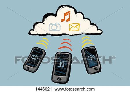 Clip Art - Illustration of smart phones and cloud with multimedia symbols against blue background. Fotosearch
