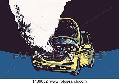 Drawing - Illustration of smoke coming out from car engine against black background. Fotosearch