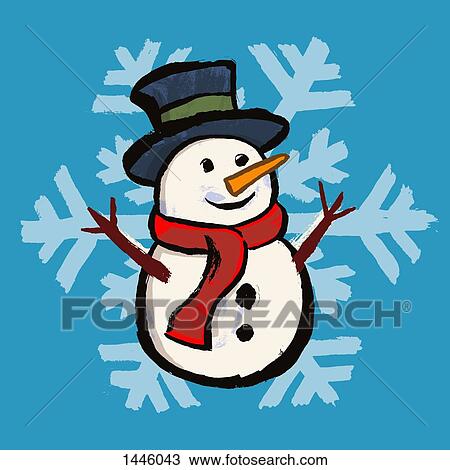 Drawing - Illustration of snowman against blue background. Fotosearch