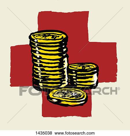Illustration of stacked coins against International Red Cross View Large Illustration Stock Illustration - Illustration of stacked coins against International Red Cross . Fotosearch