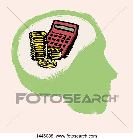 Illustration of stacked coins and calculator in human brain against white background View Large Illustration Stock Illustration - Illustration of stacked coins and calculator in human brain against white background. Fotosearch