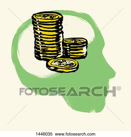 Stock Illustration - Illustration of stacked coins in human head against white background. Fotosearch