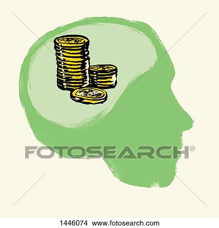Stock Illustration - Illustration of stacked coins in human brain against white background. Fotosearch
