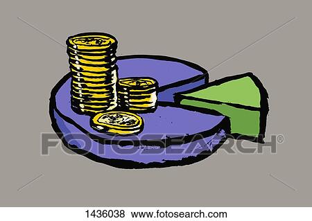 Stock Illustration - Illustration of stacked coins on pie chart against gray background. Fotosearch