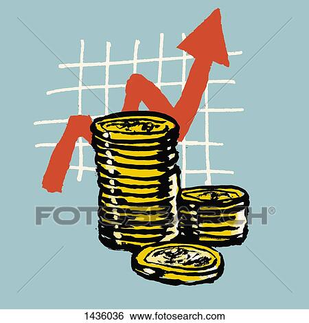 Stock Illustration - Illustration of stacked coins with progress graph against blue background. Fotosearch