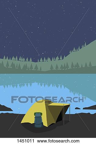 Illustration of tent at lakeshore during night View Large Illustration Clip Art - Illustration of tent at lakeshore during night. Fotosearch