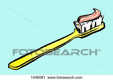 Clip Art - Illustration of toothbrush with paste against blue background. Fotosearch