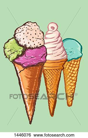 Stock Illustration - Illustration of various ice cream cones against green background. Fotosearch