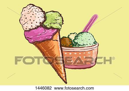 Drawing - Illustration of various ice creams against yellow background. Fotosearch