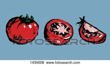 Stock Illustration - Illustration of whole and sliced tomatoes against blue background. Fotosearch