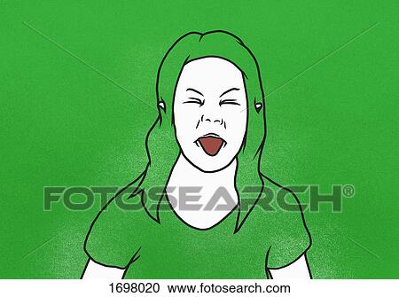 Stock Image - Illustration of woman sticking out tongue against green background. Fotosearch
