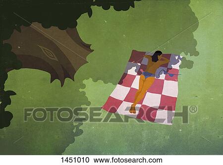 Illustration of woman sunbathing at park View Large Illustration Clipart - Illustration of woman sunbathing at park. Fotosearch