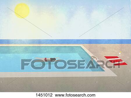 Drawing - Illustration of woman swimming in pool at resort on sunny day. Fotosearch