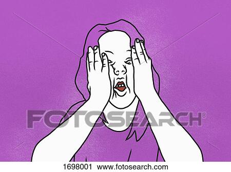 Illustration of woman with head in hands against pink background View Large Photo Image Stock Image - Illustration of woman with head in hands against pink background. Fotosearch