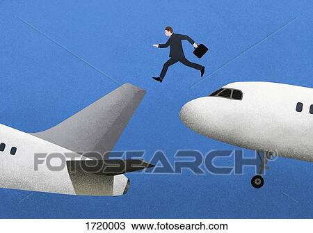 Stock Image - Illustrative image of businessman jumping over airplanes against blue background. Fotosearch