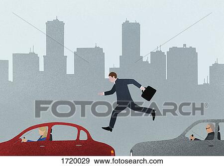 Illustrative image of businessman jumping over cars against skyline View Large Photo Image Stock Photo - Illustrative image of businessman jumping over cars against skyline. Fotosearch