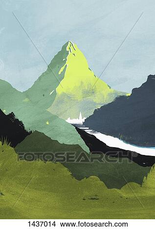 Stock Illustration - Illustrative image of field and mountain against sky. Fotosearch
