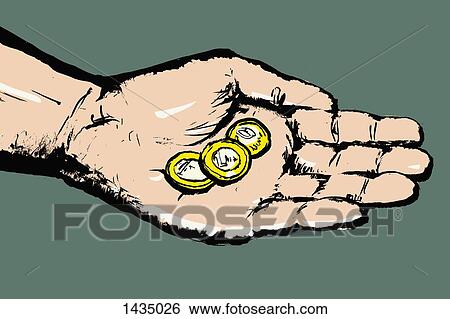 Stock Illustration - Illustrative image of hand holding coins against gray background. Fotosearch