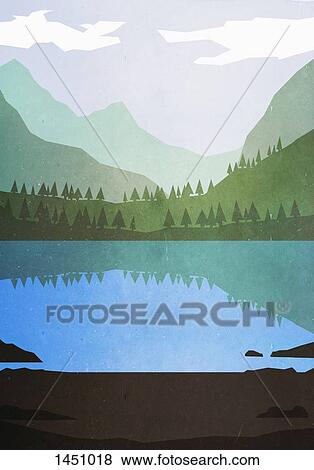 Illustrative image of lake and mountains View Large Illustration Stock Illustration - Illustrative image of lake and mountains. Fotosearch