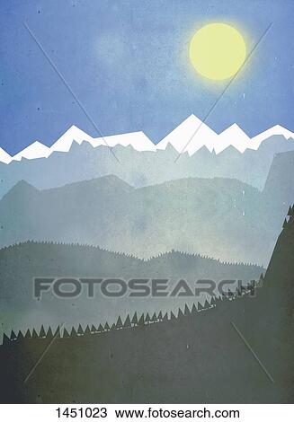 Drawing - Illustrative image of mountains on sunny day. Fotosearch