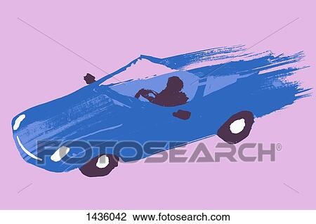 Drawing - Illustrative image of person driving blue sports car against purple background. Fotosearch