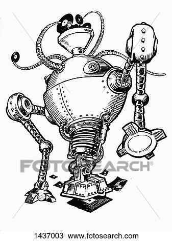 Illustrative image of robot against white background View Large Illustration Drawing - Illustrative image of robot against white background. Fotosearch