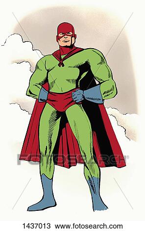 Illustrative image of superhero with hands on hip standing against sky View Large Illustration Drawing - Illustrative image of superhero with hands on hip standing against sky. Fotosearch