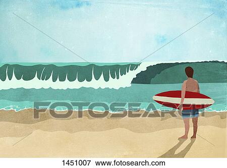 Stock Illustration - Illustrative image of surfboarder standing on beach. Fotosearch