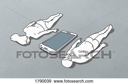 Large mobile phone between female figure lying face down and male figure lying down on back View Large Photo Image Stock Photo - Large mobile phone between female figure lying face down and male figure lying down on back. Fotosearch