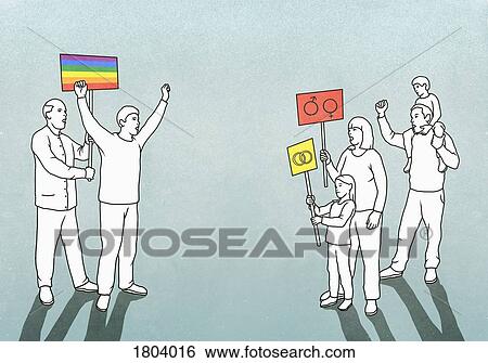 LGBTQI pride event participants facing off with opposing family View Large Photo Image Stock Photograph - LGBTQI pride event participants facing off with opposing family. Fotosearch