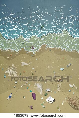 Stock Photo - Litter washing up on ocean beach. Fotosearch