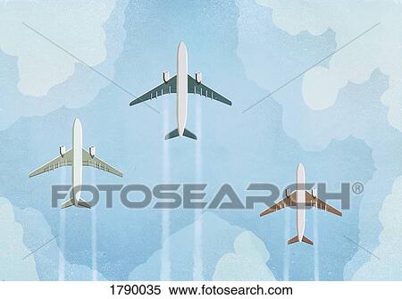 Stock Photography - Low angle view of three airplanes flying in the sky. Fotosearch