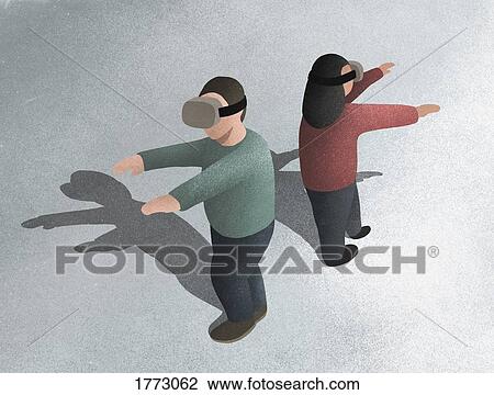 Stock Image - Man and woman using virtual reality simulator glasses. Fotosearch