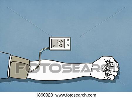 Stock Image - Man checking blood pressure with cuff and monitor, high blood pressure. Fotosearch