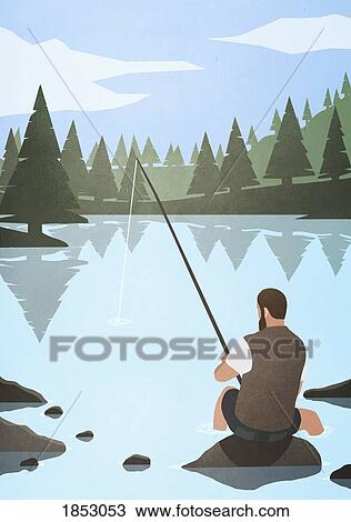 Man fishing on rock in lake View Large Photo Image Stock Image - Man fishing on rock in lake. Fotosearch