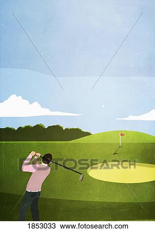 Man golfing on sunny golf course View Large Photo Image Stock Image - Man golfing on sunny golf course. Fotosearch