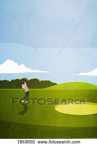 Man golfing on sunny golf course View Large Photo Image Stock Image - Man golfing on sunny golf course. Fotosearch