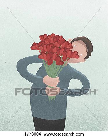 Picture - Man holding Valentines Day red tulip bouquet. Fotosearch