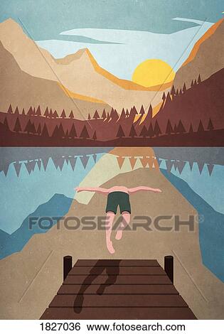 Stock Photograph - Man jumping off dock into tranquil mountain lake. Fotosearch
