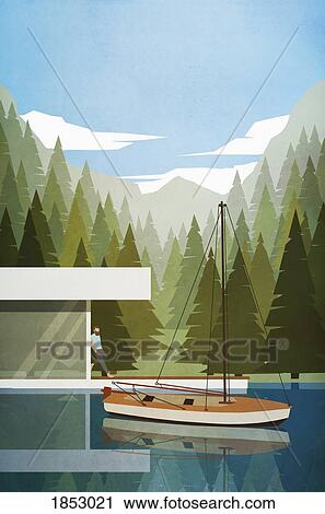 Man relaxing at modern lakeside house with boat View Large Photo Image Stock Image - Man relaxing at modern lakeside house with boat. Fotosearch