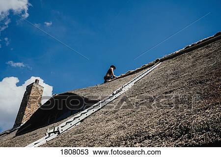 Man repairing thatch roof on house View Large Photo Image Stock Image - Man repairing thatch roof on house. Fotosearch