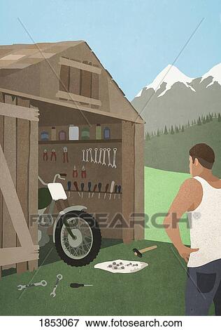 Man standing at garage shed, fixing motorcycle View Large Photo Image Stock Photo - Man standing at garage shed, fixing motorcycle. Fotosearch