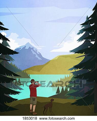 Stock Photo - Man with dog using binoculars at scenic lakeside. Fotosearch
