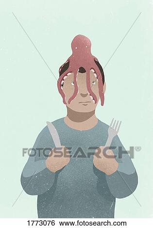 Man with fork and knife looking up at octopus on head View Large Photo Image Stock Photograph - Man with fork and knife looking up at octopus on head. Fotosearch