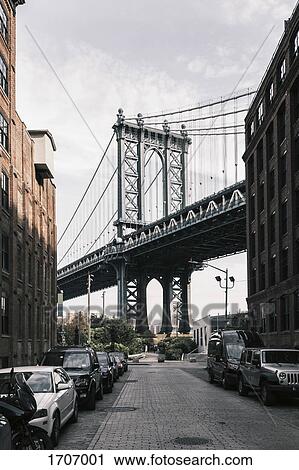 Manhattan Bridge against sky seen from city street, New York City, New York, USA View Large Photo Image Stock Image - Manhattan Bridge against sky seen from city street, New York City, New York, USA. Fotosearch