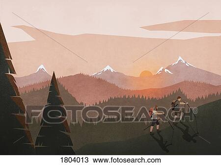 Stock Image - Men hiking along idyllic, tranquil sunset mountain and forest landscape. Fotosearch