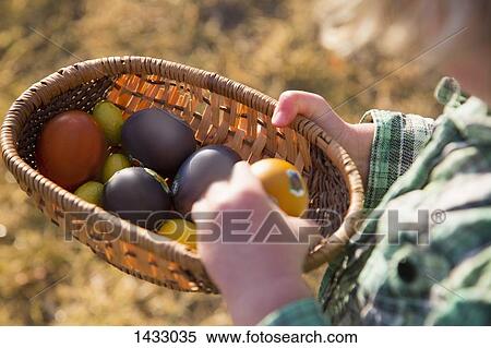 Midsection of child holding Easter eggs in basket outdoors View Large Photo Image Stock Photography - Midsection of child holding Easter eggs in basket outdoors. Fotosearch