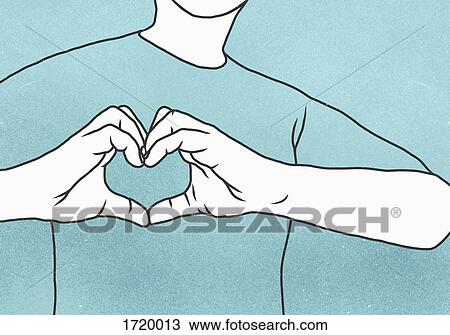 Stock Image - Midsection of man making heart shape against blue background. Fotosearch