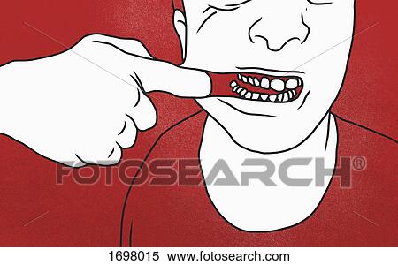 Stock Photography - Midsection of man pulling mouth against red background. Fotosearch